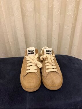 Miu Miu Beige Suede Low-Top Sneakers with Cream Laces